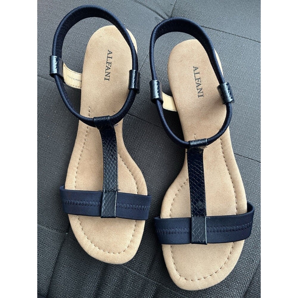 Alfani Step ‘N Flex Vacanzaa Womens Black T-Strap Wedge Sandals Size 8M Casual